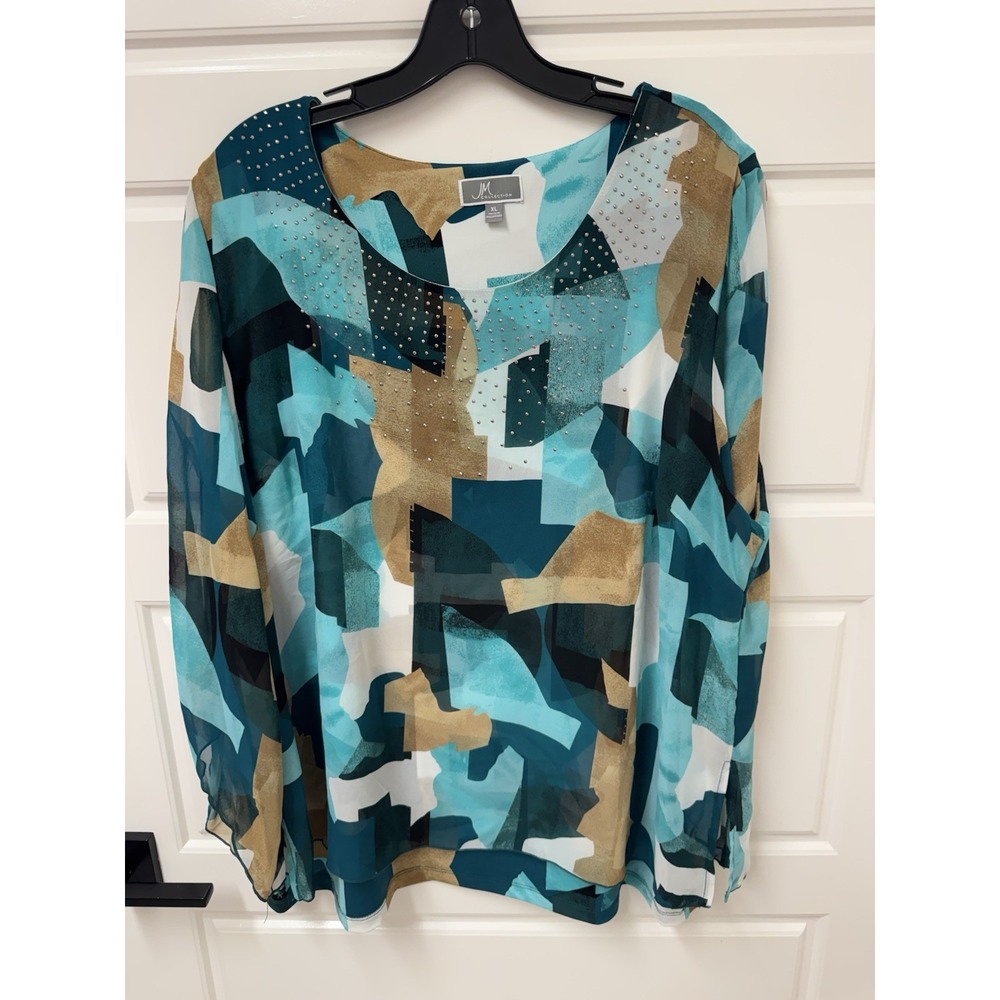 JM Collection XL Blue Teal Abstract Beaded Layered Chiffon Blouse Top
